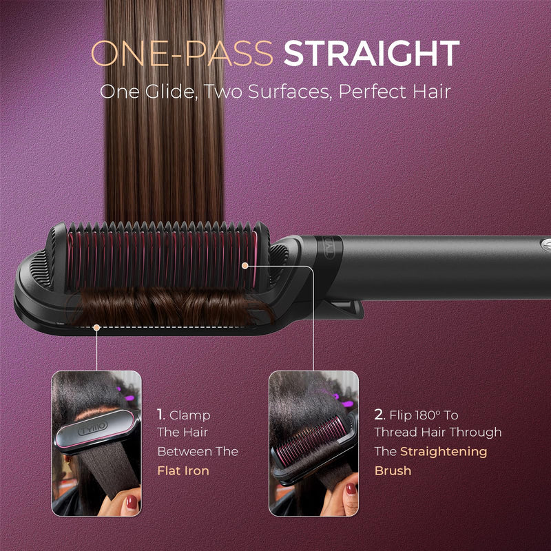 TYMO FLIPRO 2-in-1 Hair Straightener Brush & Flat Iron with 200M Negative Ions, Dual Voltage Anti-Scald Hot Comb, Frizz-Free Smooth & Shiny Hair, Less Heat Damage, Multi-Purpose Styler, Black