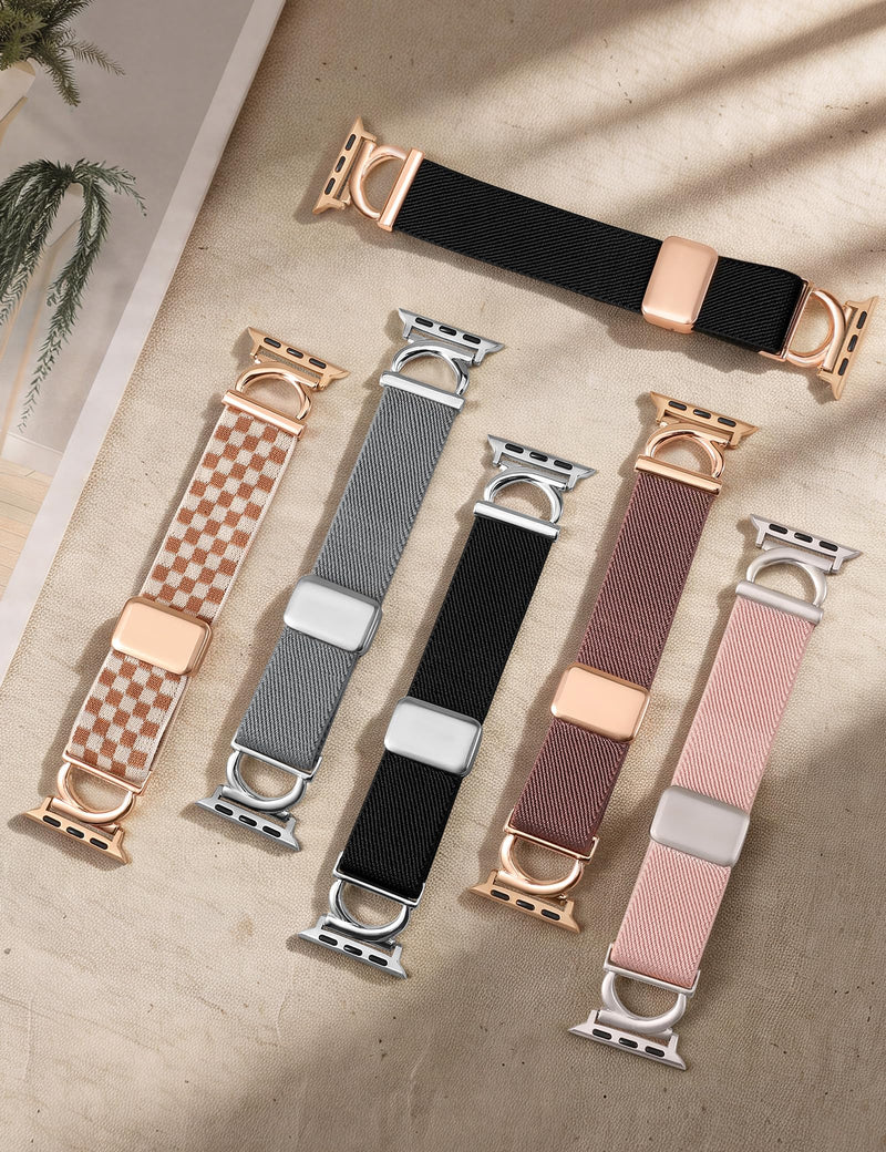 Stretchy Magnetic Band Compatible with Apple Watch Bands 38/40/41/42/44/45/46/49mm Women, Elastic Nylon Dressy Designer C-Shape Metal Strap for iWatch Series 11 10 9 8 7 6 5 4 SE/Ultra 3 2 1 Black/Rose Gold 38/40/41/42mm(Series 11/10)