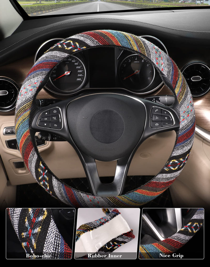 SEG Direct Boho Steering Wheel Cover with Baja Blanket Cloth, Ethnic Style Auto Wheel Cover Made of Coarse Flax, Fits 14 1/2-15 1/4 inches Car Wheel Spinning Rainbow