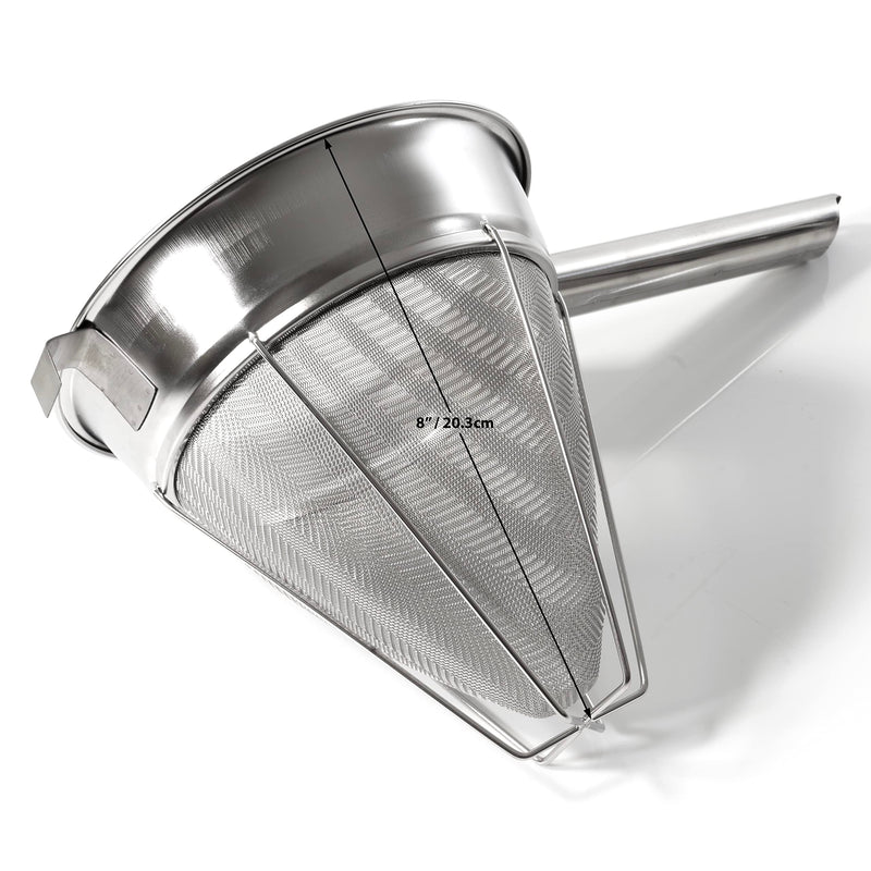 Bouillon Strainer - Stainless Steel Fine Mesh Metal Food Chinois, Cone Separator, Kitchen Colander Sieve for Sauce Jam Jelly Tea, 8" - With Spatula