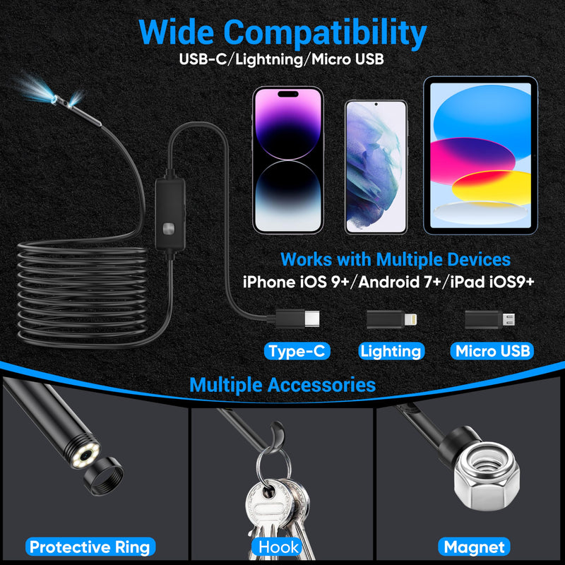 [Dual-Lens] Endoscope Camera with Light,1920P HD Borescope with 8+1 Adjustable LED Lights, IP67 Waterproof Endoscope with Semi-Rigid Snake Cable, Inspection Borescope for iOS and Android-16.4ft 16.4 ft