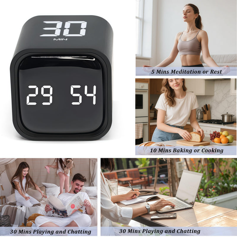 2Pcs Rotating Pomodoro Timer 5,10,30, 60 Minutes Preset,Desk Productivity Flip Timer, Visual Cube Countdown Stopwatch,Custom Modes/Vibration/High/Low Volume,ADHD Timers, for Study, Work, Kitchen Black-2pcs