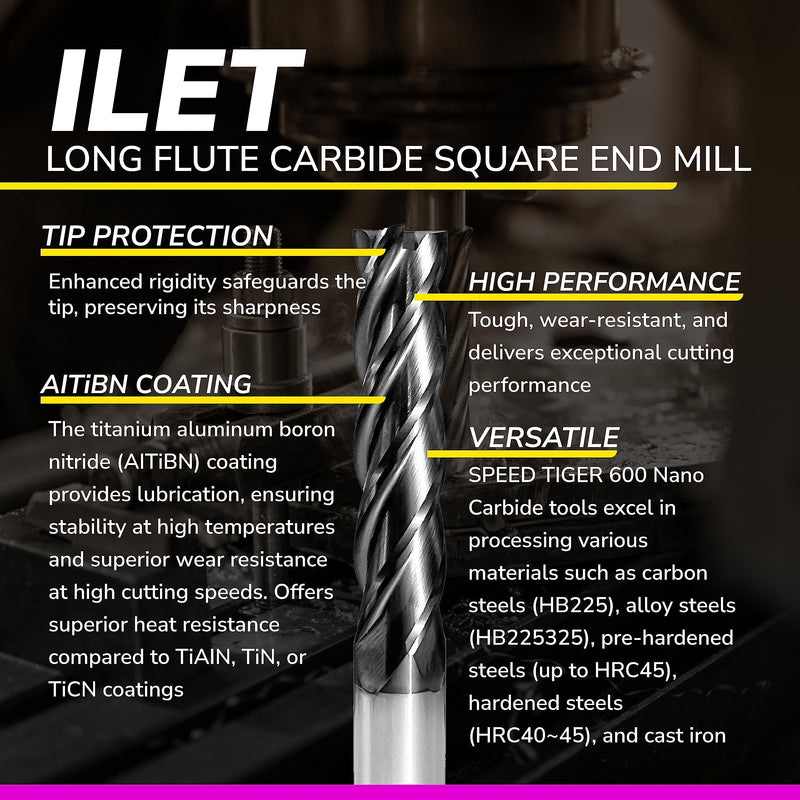 SPEED TIGER Micrograin Carbide Square Long Flute End Mill - 5/16" Diameter 1-1/4" Flute Length, 4" OVL, 4 Flutes - ILET (1 Piece, 5/16") - for Alloy Steels, Hardened Steel & Metal– Mill Bits Sets 5/16 in
