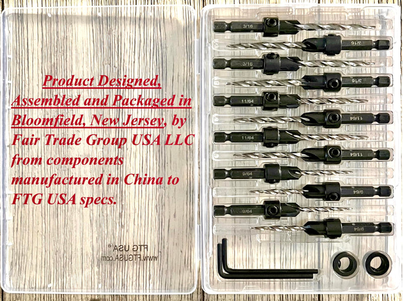 FTG USA Countersink Drill Bit Set 4 Pc #6(9/64"), 4 Pc #8(11/64"), 4Pc #10(3/16") with Tapered Drill Bits for Woodwork with Storage Container #6#8#10 4 Pc with Depth Stop
