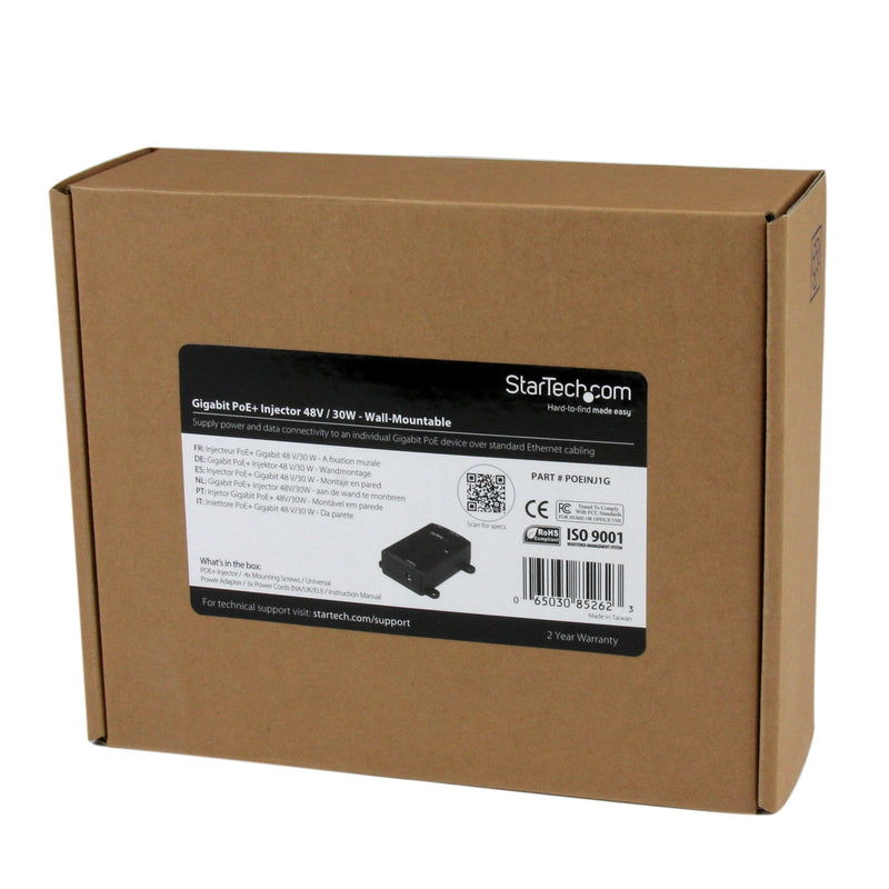StarTech.com 1 Port Gigabit Midspan - PoE+ Injector - 802.3at and 802.3af - Wall-Mountable Power over Ethernet Injector Adapter , TAA (POEINJ1G) Standard