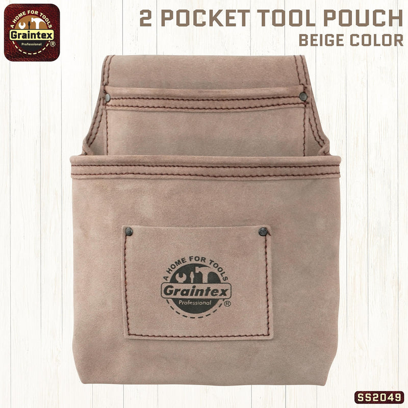 Graintex SS2049 2 Pocket Nail & Tool Pouch Beige Color Suede Leather for Constructors, Electricians, Plumbers, Handymen
