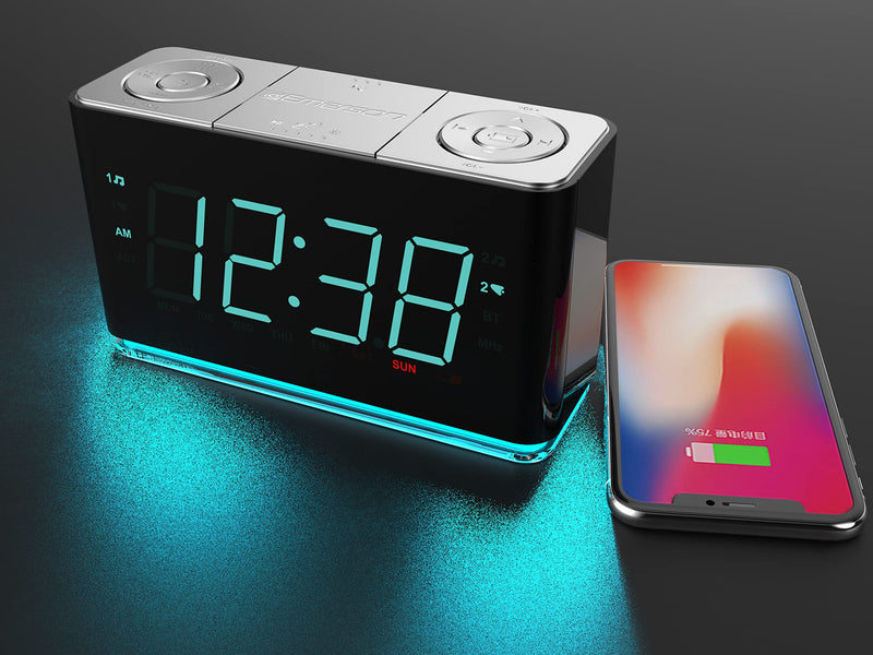 Emerson Smartset Alarm Clock Radio with Bluetooth Speaker with USB Port for iPhone/iPad/iPod/Android and Tablets, 1.4" Cyan LED Display and Night Light, ER100301