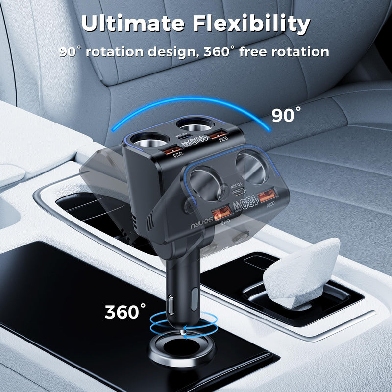 180W Cigarette Lighter Splitter,30W PD Dual QC3.0 Car Charger Adapter | 24V/12V Car USB Adapter 2-Socket with Voltmeter Fast Charging for iPhone 17/16/15 Car Devices black