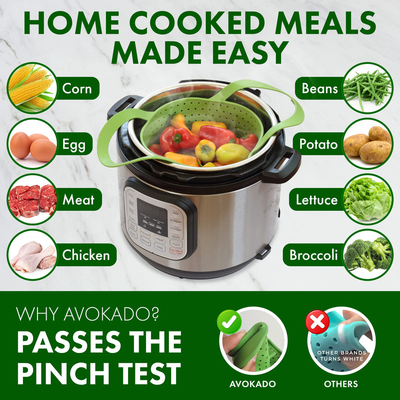 Avokado Silicone Steamer Basket for 6qt Instant Pot [3qt, 8qt avail], Other Pressure Cookers - 100% Food Safe, BPA-Free, Dishwasher Safe Collapsible Vegetable Steamer Basket & Strainer 6 QT Green
