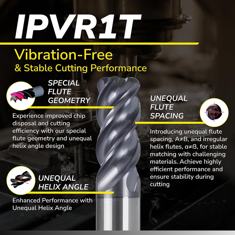SPEED TIGER Carbide Corner Radius End Mill - 4 Flute - IPVR1T3/8 0.03" 4 (1 Piece, R0.03, 3/8") - Unequal Flute Spacing & Helix Design - for Titanium - Mill Bits Sets for DIYers & Professionals 3/8 in