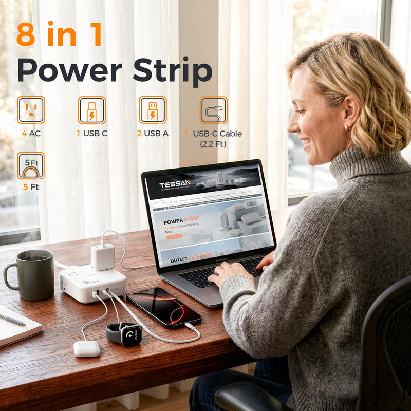 TESSAN Surge Protector Extension Cord 5Ft, Flat Plug Power Strip | 4 Outlets 4 USB Ports(1 USB C) 20W USB C Cable, USB Charger 1050 Joules Protection, Suitable for Home Office Dorm, Grey Gray 5FT-1050J Surge Protector