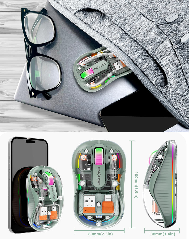 Interesting Transparent Bluetooth Mouse with USB & Type-C Two Receiver, Small Portable Silent Wireless Mice with RGB Lights for MacBook/pc/iPad/Laptop and Office Trip Green