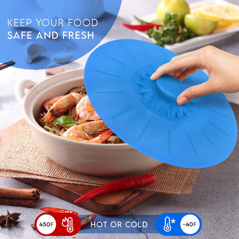 Silicone Bowl Lids Blue Set of 5 Reusable Suction Seal Covers for Bowls, Pots, Cups. Food Safe. Natural grip, interlocking handles for easy use and storage. 5 Piece Blue Translucent