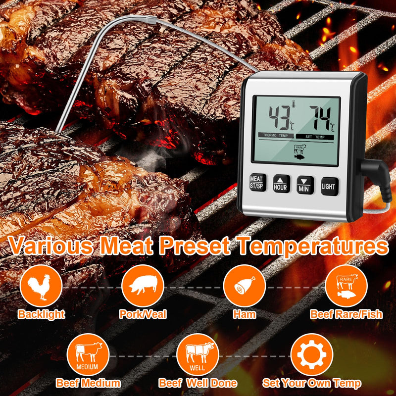 2 Pcs TP710 Digital Cooking Meat Thermometer, Large LCD Backlight Food Thermometer with Stainless Steel Probe and Timer for Kitchen Oven BBQ Grilling Deep Fry Smoker