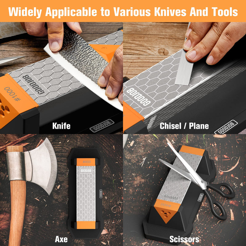Goodjob Diamond Sharpening Stone 3 Side Grit 400/1000/8000 Premium Industrial Diamond & Ceramic Whetstone Knife Sharpener Suitable for Steel of any Hardness with Angle Guide and Non-Slip Base (GB-3D) Small