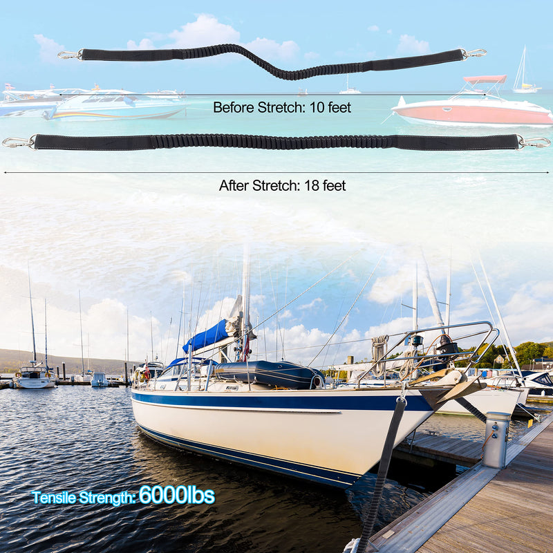 Itayak Boat Bungee Dock Line, 10-18ft Shock Absorption Elastic Mooring Anchor Rope Stretch Cord with Stainless Steel Clip Accessories for Boat, Pontoon, Kayak, Jet Ski, Canoeing, Watercraft 10ft Stretch to 18ft Black
