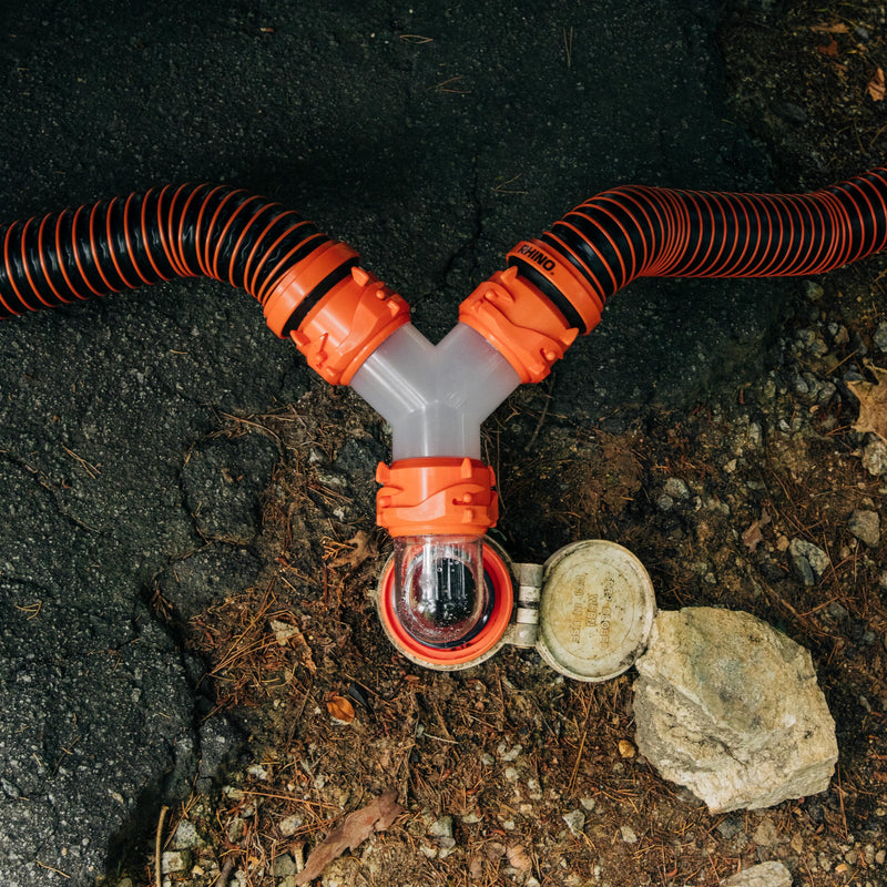 Camco RhinoFLEX Camper/RV Wye Sewer Hose Fitting | Features 360-Degree Swivel Ends & Built-In Gaskets for Odor Tight Connection | Allows for 2 Sewer Hoses to Connect to the Same Dump Station (39812),
