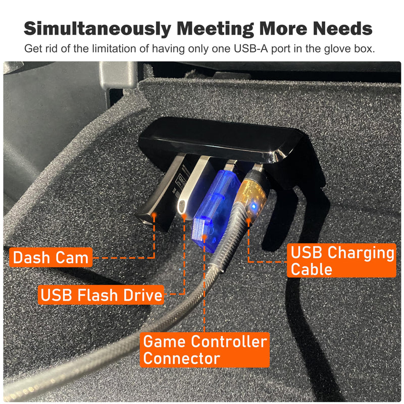 Glove Box USB Hub for Tesla Model Y 2021-2024 Model 3 2021-2023, 4-in-1 Glovebox Docking Station Accessories for Dash Cam Flash Drive Charger Data Transfer Game Music(Not fit 2024 Model 3) Model 3 21-23 & Model Y 2021-2024