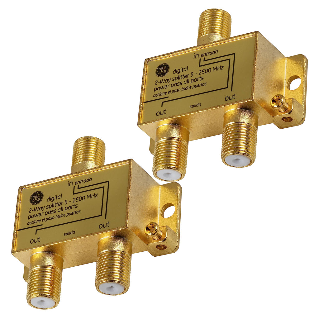 GE Digital 2-Way Coaxial Cable Splitter, 2.5 GHz 5-2500 MHz, RG6 Compatible, HD TV, Satellite, High Speed Internet, Amplifier, Antenna, Gold Plated Connectors, Corrosion Resistant, 2 Pack 73755