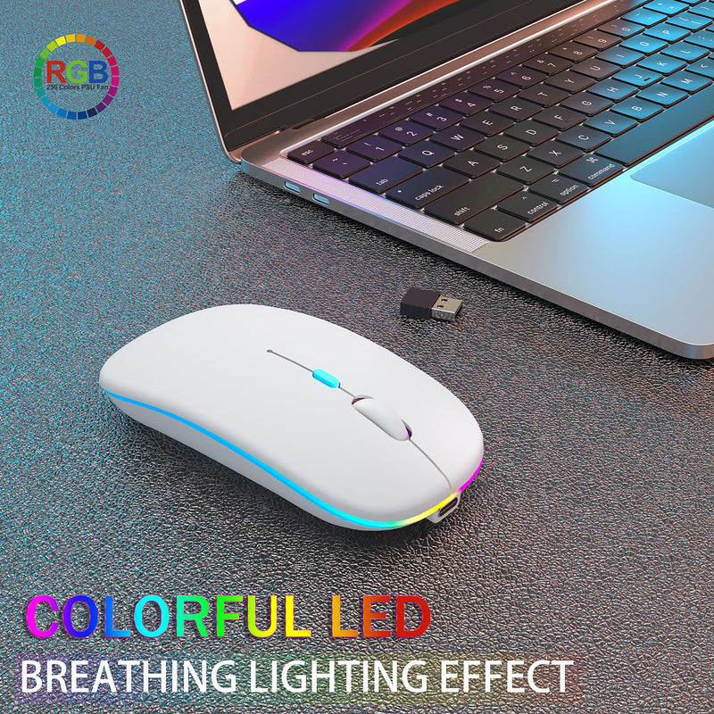 Wireless Bluetooth Mouse,LED Rechargeable Laptop Mouse.Portable Computer Mice use(BT5.2 and USB 2.4G) Dual Mode Connection,Silent,Slim,for Apple Laptop/ipad Tablet/Mac/PC. (White) White