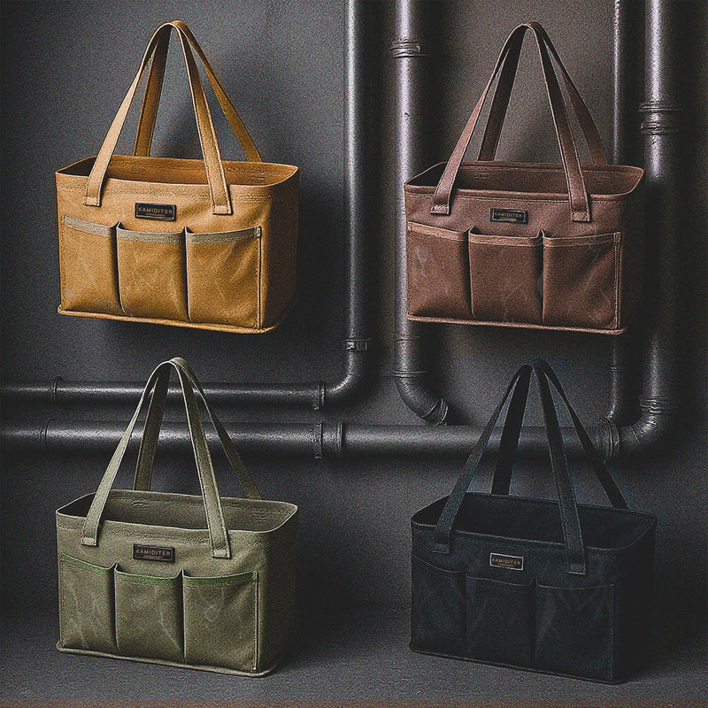 Tool Bag with Metal Frame, Waxed Canvas Wide Open Top Tool Tote Bag with 7 External Pockets, 13.5 x 7.8 x 7.8 Inches (ArmyGreen) ArmyGreen 13.5 Inch