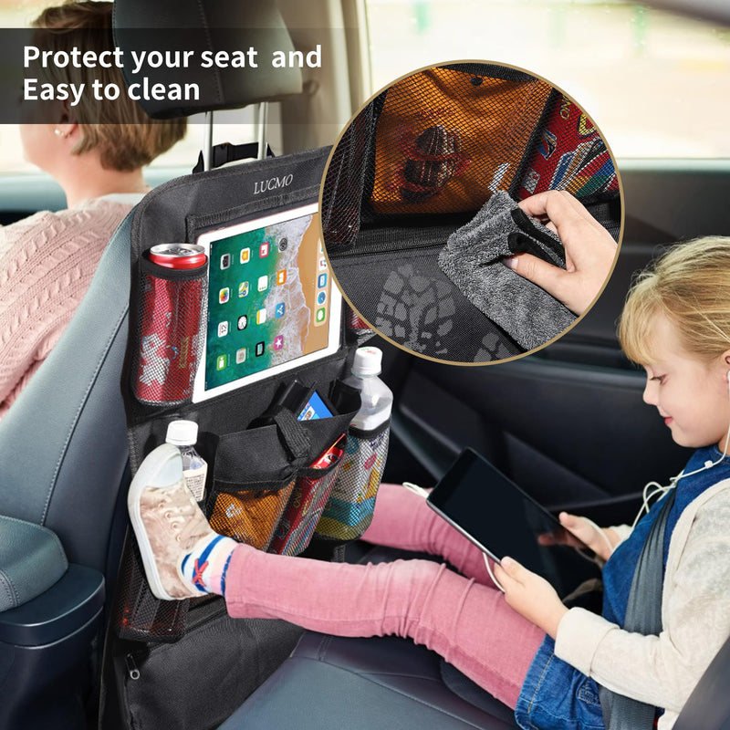 LUCMO Car Backseat Organizer with Touch Screen Tablet Holder-2 Pack,9 Storage Pockets Car Storage Organizer,Car Seat Back Protectors Kick Mats Travel Accessories for Kids-Black Black 2 Pack