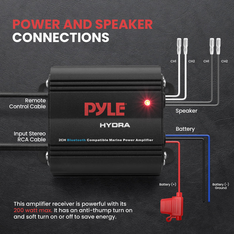 Pyle Auto 2-Channel Marine Amplifier - 200 Watt RMS 4 OHM Full Range Stereo with Wireless Bluetooth & Powerful Prime Speaker - High Crossover HD Music Audio Multi Channel System PLMRMB2CB, Black