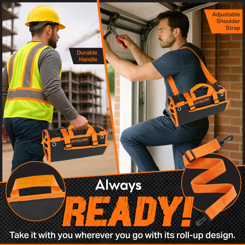 Roll Up Tool Bag Organizer With Kickstand - Full-Size 25" Heavy Duty Tool Roll Bag - Portable Rollup Toolbag With Magnetic Panels & Transparent Pockets - Mechanic, Electrician & Tradesperson Orange Black