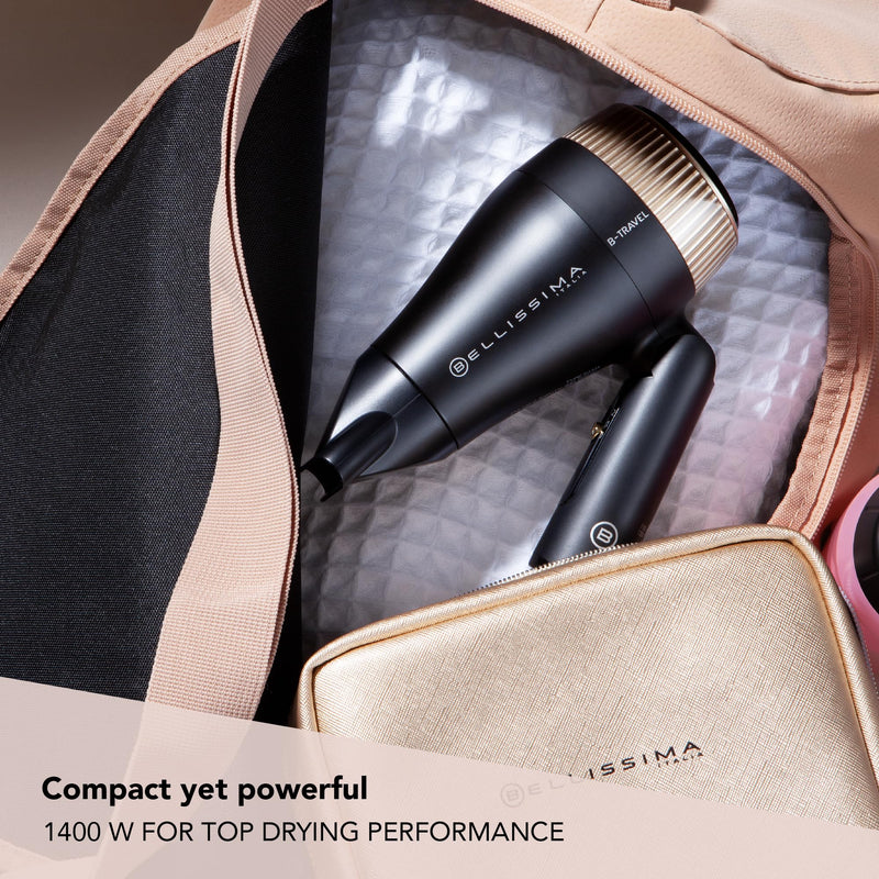 Bellissima B Travel Hair Dryer – Premium Mini, Fast, Light Dryer for Women and Men, Foldable, Compact, 2 Heat Settings, Luxury Travel Bag Included, Worldwide Use, 1400W Dual Voltage Hair Dryer with folding handle