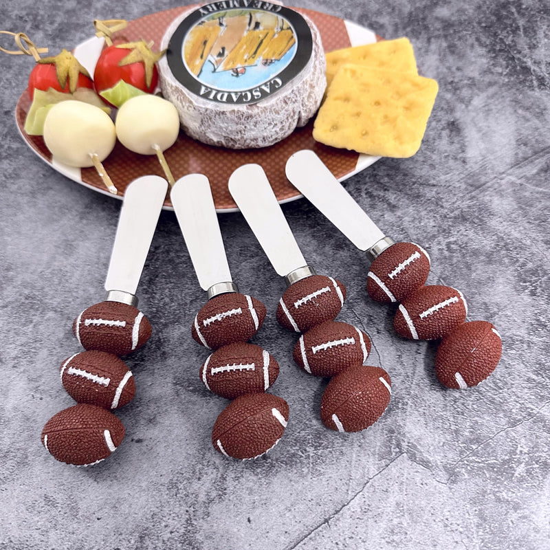 UPware Football Cheese Spreaders, Hand-Painted Resin Handles with Stainless Steel Blades for Spreading Cream Cheese, Butter, Jam, or Sandwich, Set of 4