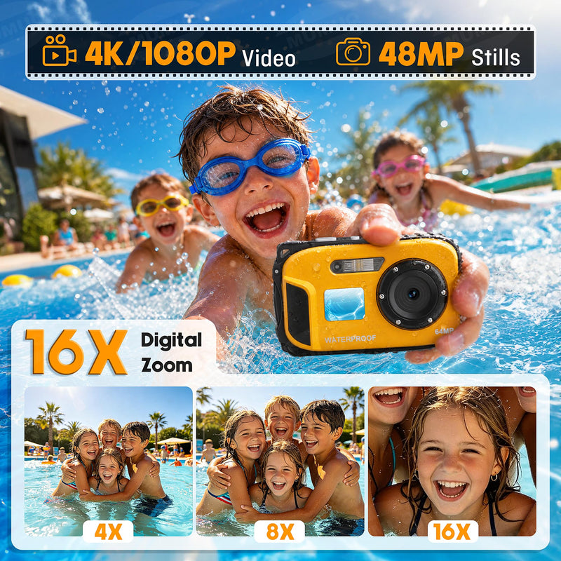 Floating Underwater Camera for Kids, Waterproof Camera with 32GB SD Card | IP68 48MP 4K Portable Snorkeling Camera for Pool Beach, Lightweight Rechargeable Floating Action Camera, Yellow