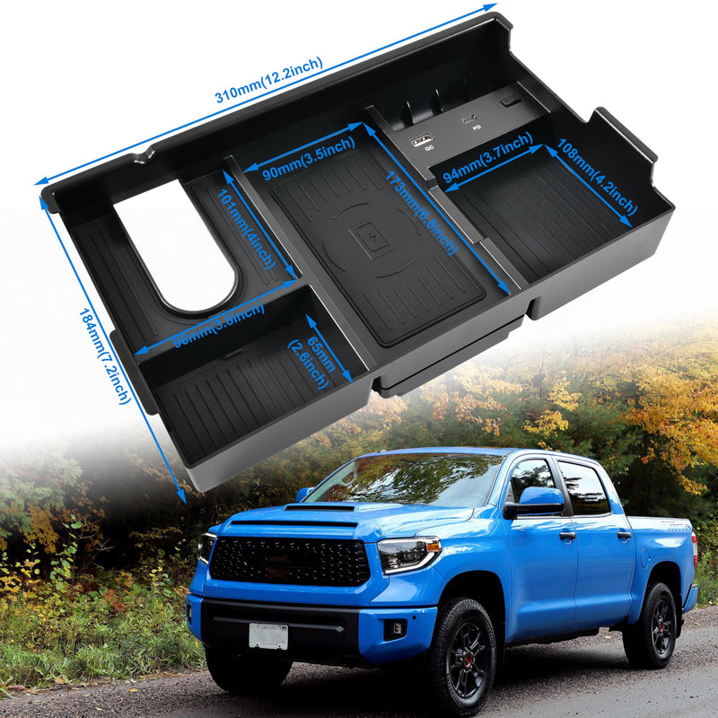 Wireless Charger for Toyota Tundra 2014-2021 Accessories | Center Console Organizer Tray, USB-A USB-C Fast Phone Charging Panel Pad, Armrest Storage Box for Tundra