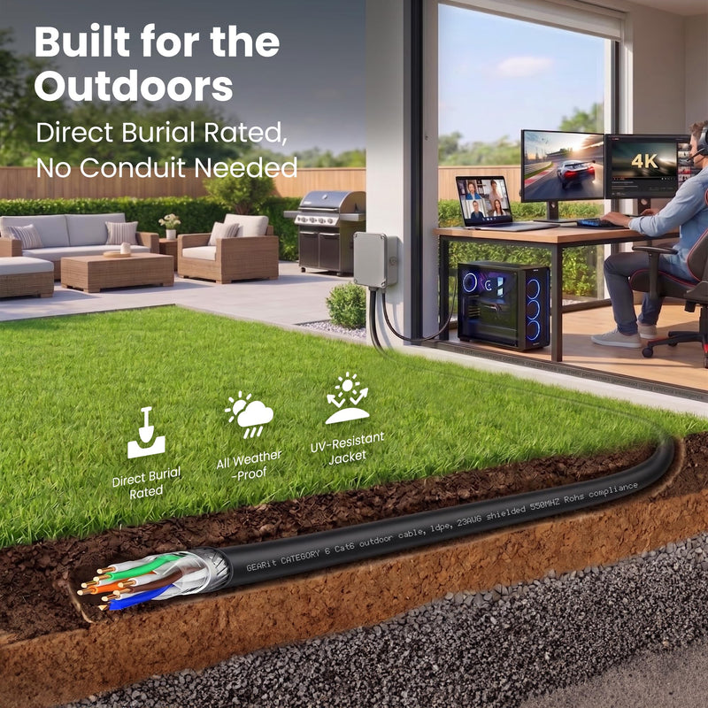 GEARit Cat6 Outdoor Ethernet Cable (50ft) 23AWG Pure Copper, FTP, LLDPE, Waterproof, Direct Burial, In-Ground, UV Resistant, POE, Network, LAN, Internet, Cat 6, Cat6 Cable - 50 Feet Black 50 Feet - Standard Cable