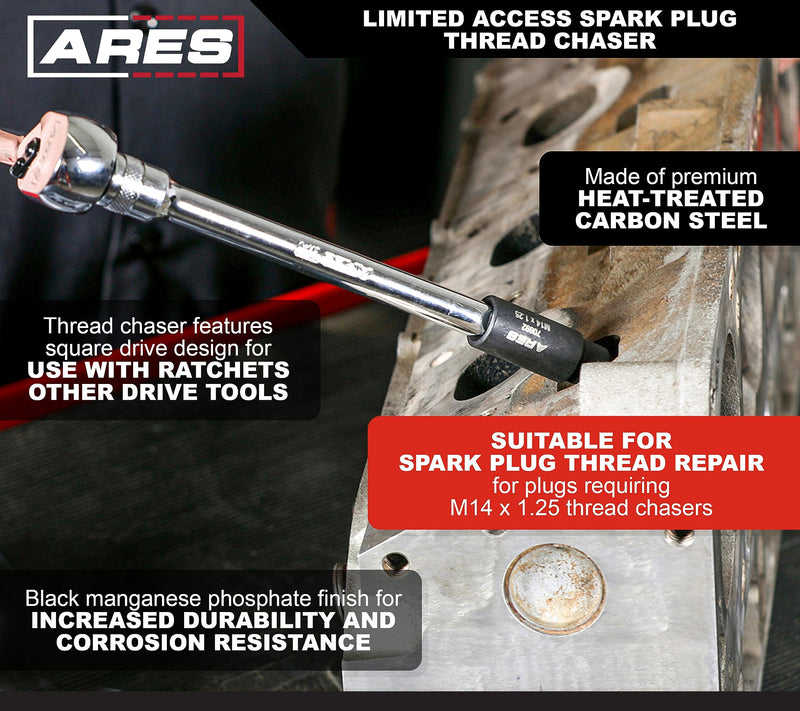 ARES 70692 – M14 x 1.25 Limited Access Spark Plug Thread Chaser Tool – Low Profile Design for Confined Areas – 5/8-Inch Hex Head with 3/8-Inch Square Drive Design for Superior Versatility