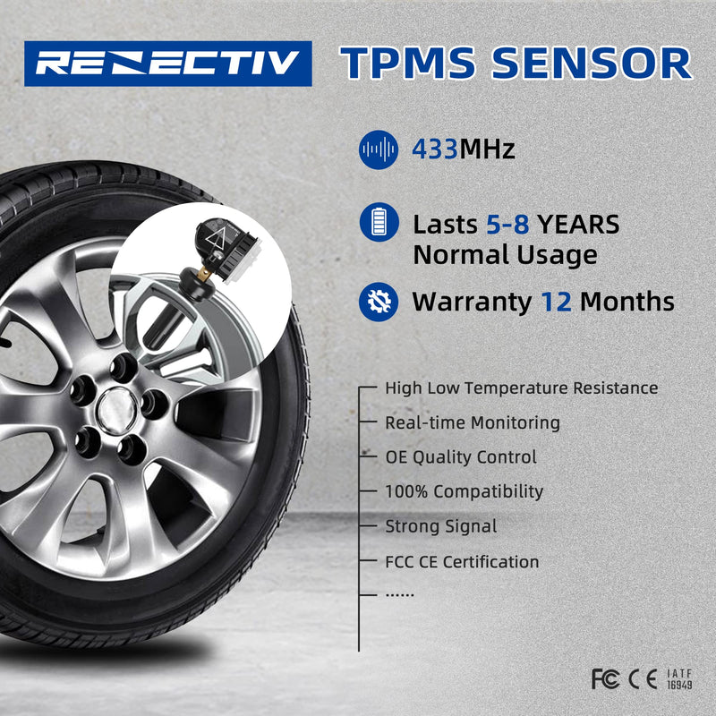 TPMS Sensor,4pcs 433MHz Tire Pressure Monitor Sensors Compatible with Chevy Cadillac Buick GMC Replace OE# 13598773,13516165 4 PCS