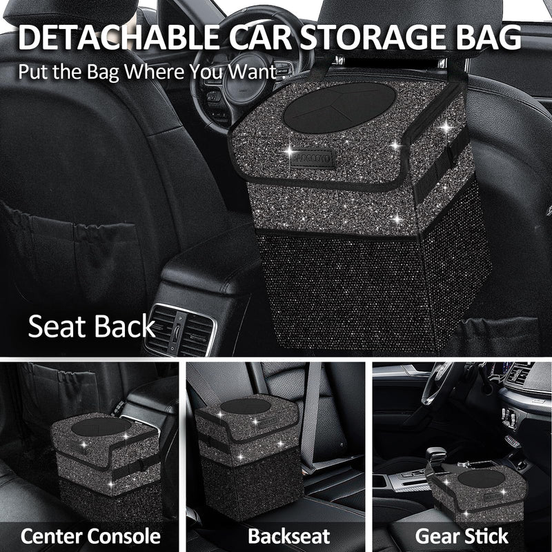 Cute Mini Car Trash Bag with Lid, Glitter Garbage Can Bin Hanging for Back/Front Seat/Console, Waterproof, Leakproof, 2.5 Gallon, Black Bling Sparkly