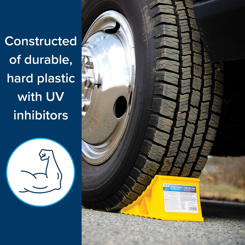 Camco Standard Wheel Chock for Trailers & RVs - Heavy Duty Trailer Wheel Chock Constructed of Durable Plastic w/UV inhibitors - for Use w/Tires Up to 26-inches - Re-Hitch in Confidence - 44412