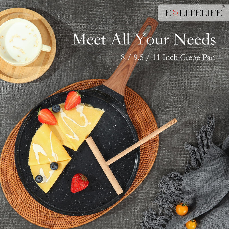 ESLITE LIFE 9.5 Inch Crepe Pan with Spreader, Nonstick Granite Coating Dosa Pan, Roti Tawa Comal Para Tortillas Pancake Griddle Pan, Induction Compatible, PTFE & PFOA Free, Black 9.5" w/spreader