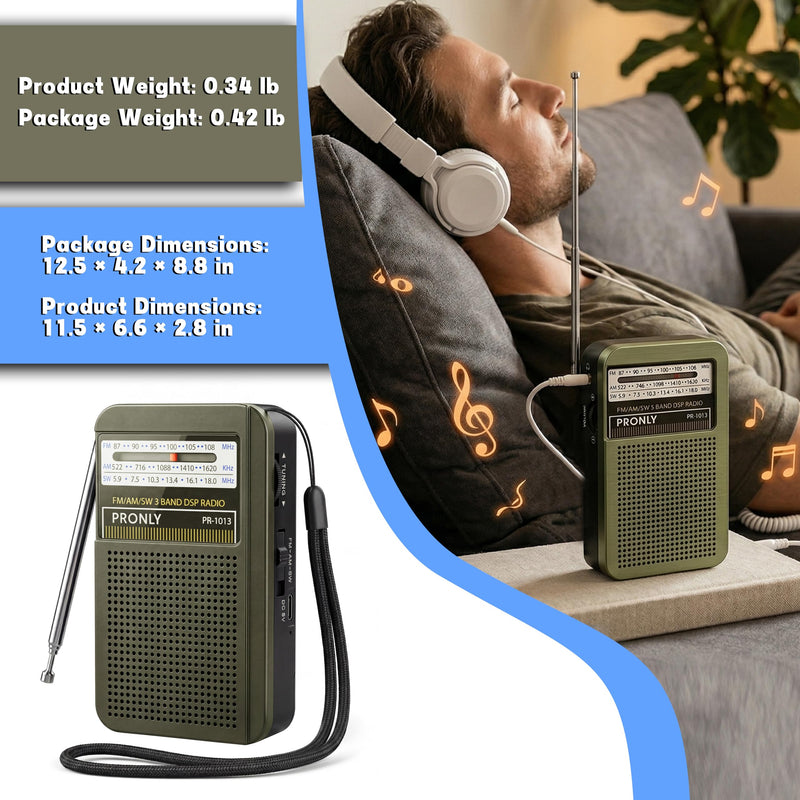Portable AM FM Radio, 3 Band Transistor Radio with Shortwave, USB-C Rechargeable Portable Radio with Speaker & Telescopic Antenna for Home Camping Emergency, Green Army Green