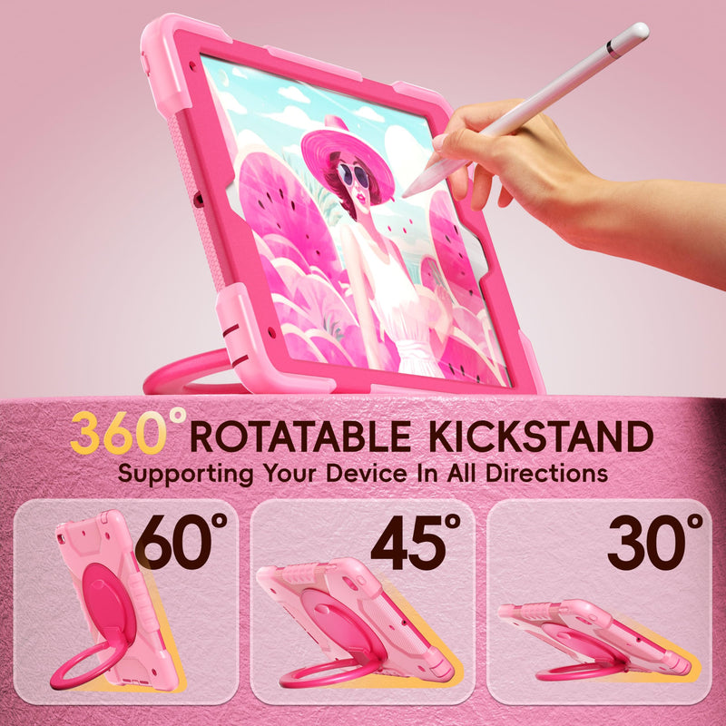 Case for iPad 9th/8th/7th Generation 10.2 inch, Shockproof Cover with Screen Protector/360° Rotate Stand/Pencil Holder/Shoulder Strap, Kids Case for iPad 2021/2020/2019 (Pink+Rose Red) Pink+Rose Red Case for iPad 9th/8th/7th Generation