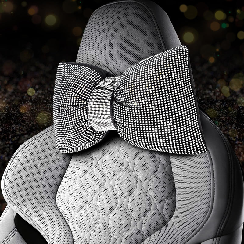 2 PCS Bling Car Pillows, Rhinestones Bowknot Bling Car Headrest Pillow, Car Neck Pillow for Driver Cool Relax Necksupport, White Crystal Diamond Car Accessories for Women 2pcs