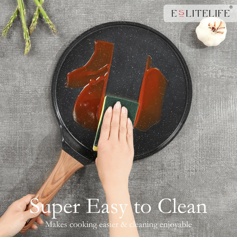 ESLITE LIFE 9.5 Inch Crepe Pan with Spreader, Nonstick Granite Coating Dosa Pan, Roti Tawa Comal Para Tortillas Pancake Griddle Pan, Induction Compatible, PTFE & PFOA Free, Black 9.5" w/spreader