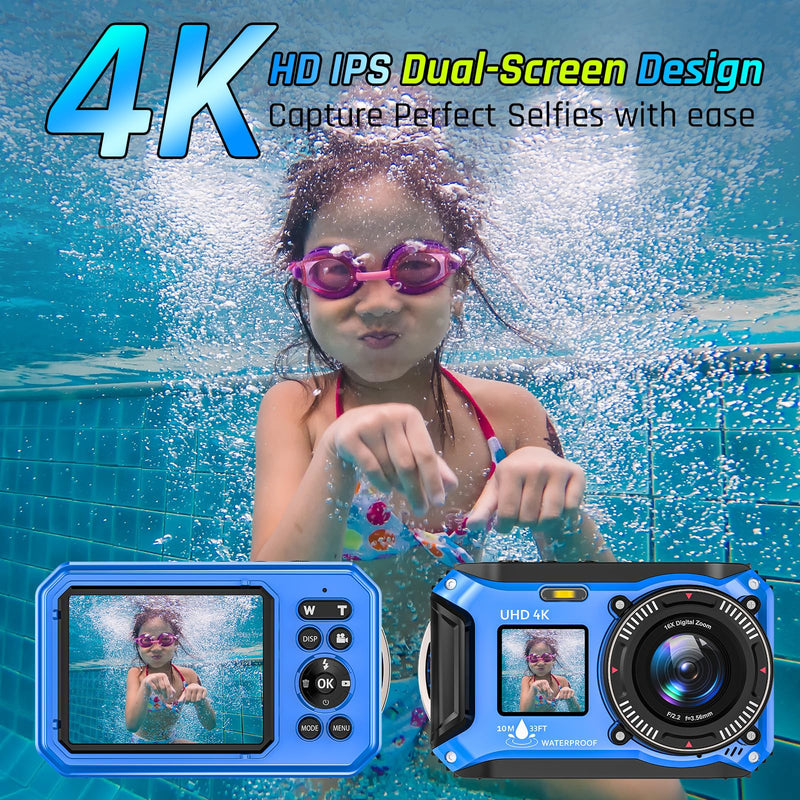 4K Underwater Camera 64MP 33FT Waterproof Camera with 32GB Card | Dual-Screen, 16X Zoom, Autofocus, Floatable, 1500mAh Battery, Fill Light, Ideal for Snorkeling, Swimming, Travel Blue