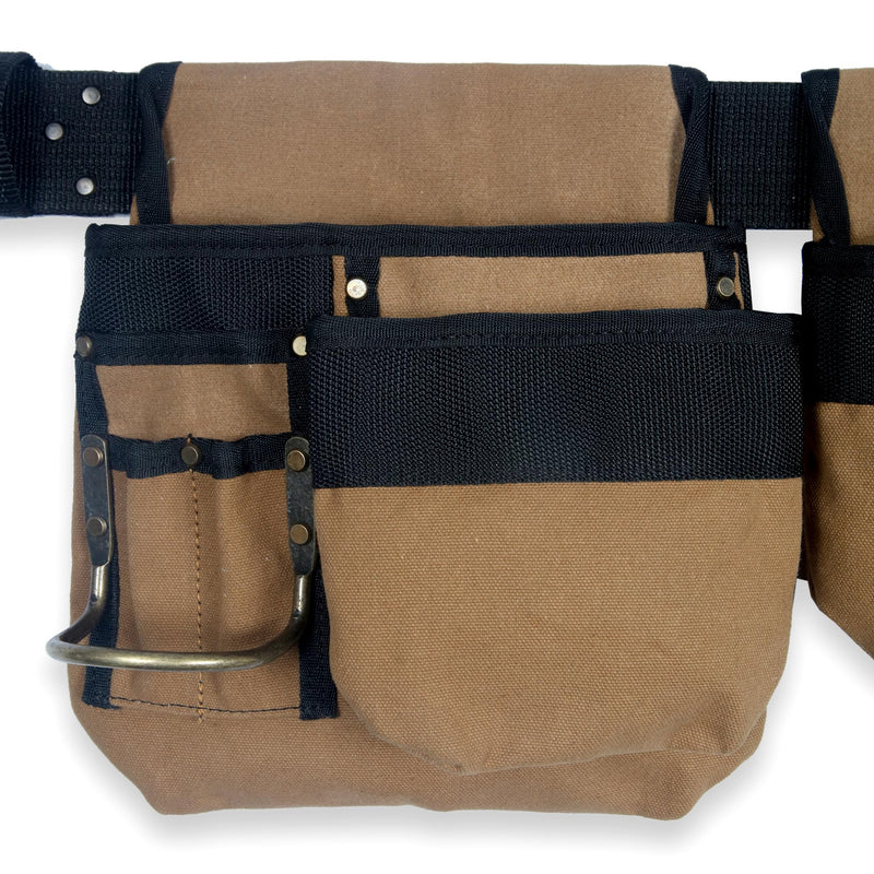 Style n Craft 4-Piece and 12-Pocket Carpenter’s Tool Combo, Tool Belt with 2 Tool Pouches, 1 Tape Measure Pocket, and 2 Metal Hammer Holders, Waterproof Canvas Tool Belt, Brown (97425) 4 pc 12 pocket carpenter's combo - canvas