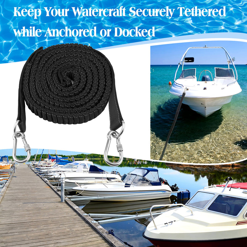 Itayak Boat Bungee Dock Line, 10-18ft Shock Absorption Elastic Mooring Anchor Rope Stretch Cord with Stainless Steel Clip Accessories for Boat, Pontoon, Kayak, Jet Ski, Canoeing, Watercraft 10ft Stretch to 18ft Black