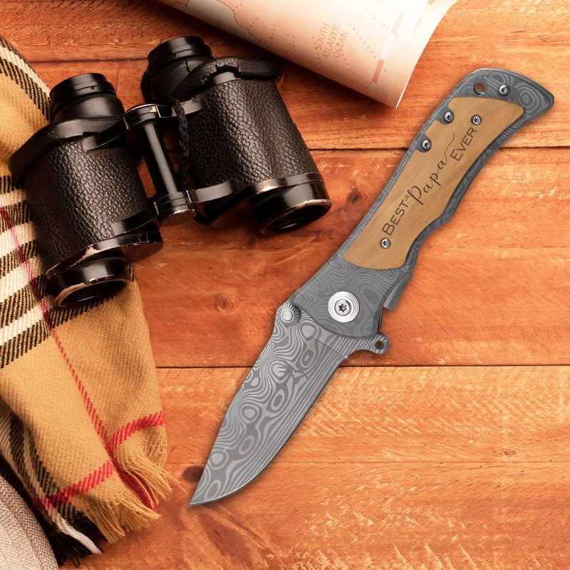 XJF Engraved Pocket Knife Gift for Papa, Best Papa Ever, Father's Day, Birthday Gift for Papa from Grandson Granddaughter, Hiking Camping Gifts for Papa