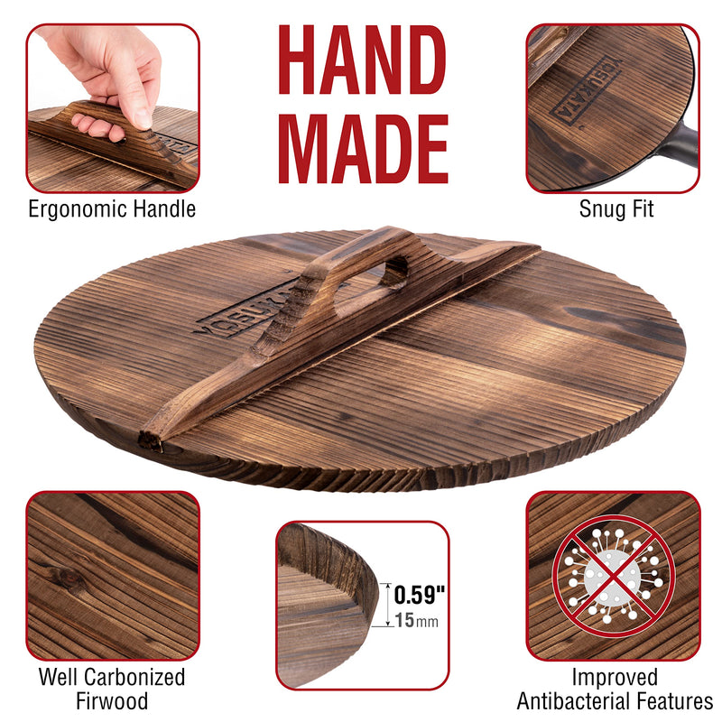 YOSUKATA Premium Wok Cover 13.2" for Wok 13.5"- Wooden lid for Frying Pan - Ergonomic Handle - Condensate-free - Durable Accessories for Carbon Steel - Cast Iron - Stainless Steel & Aluminum Woks 13.2" for wok 13.5"