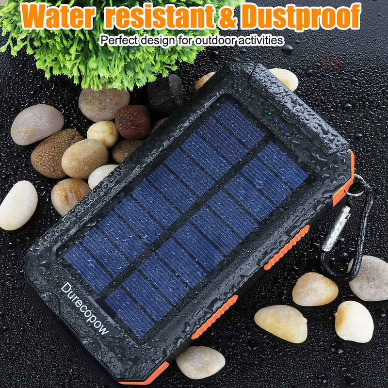 Solar Charger, 20000mAh Portable Outdoor Waterproof Solar Power Bank, Camping External Backup Battery Pack Dual 5V USB Ports Output, 2 Led Light Flashlight with Compass (Orange) Orange