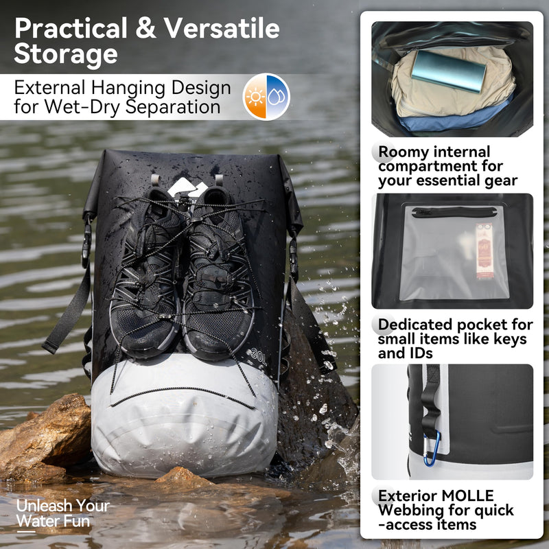 MARCHWAY Floating Roll Top Dry Bag, Flexible Lightweight TPU Waterproof Backpack 20L/30L/40L with Padded Straps for Boating, Kayaking, Swimming, Hiking, Beach (Black, 20L) Black