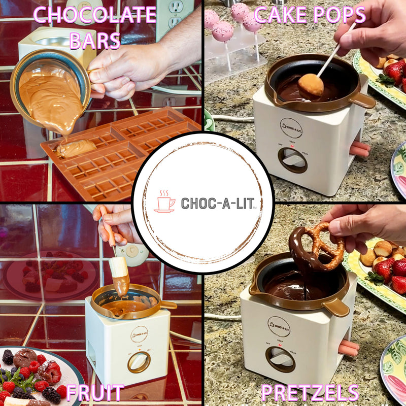 chocolate melting pot for dipping strawberries, pretzels, Cake Pops Fondue Includes 4 forks, handle for pouring chocolate into molds maquina para derretir chocolate